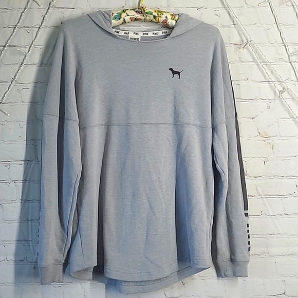 2014 Victoria's Secret PINK Logo Long Sleeve Gray Oversized Hooded Tee Womens XS - Picture 10 of 16